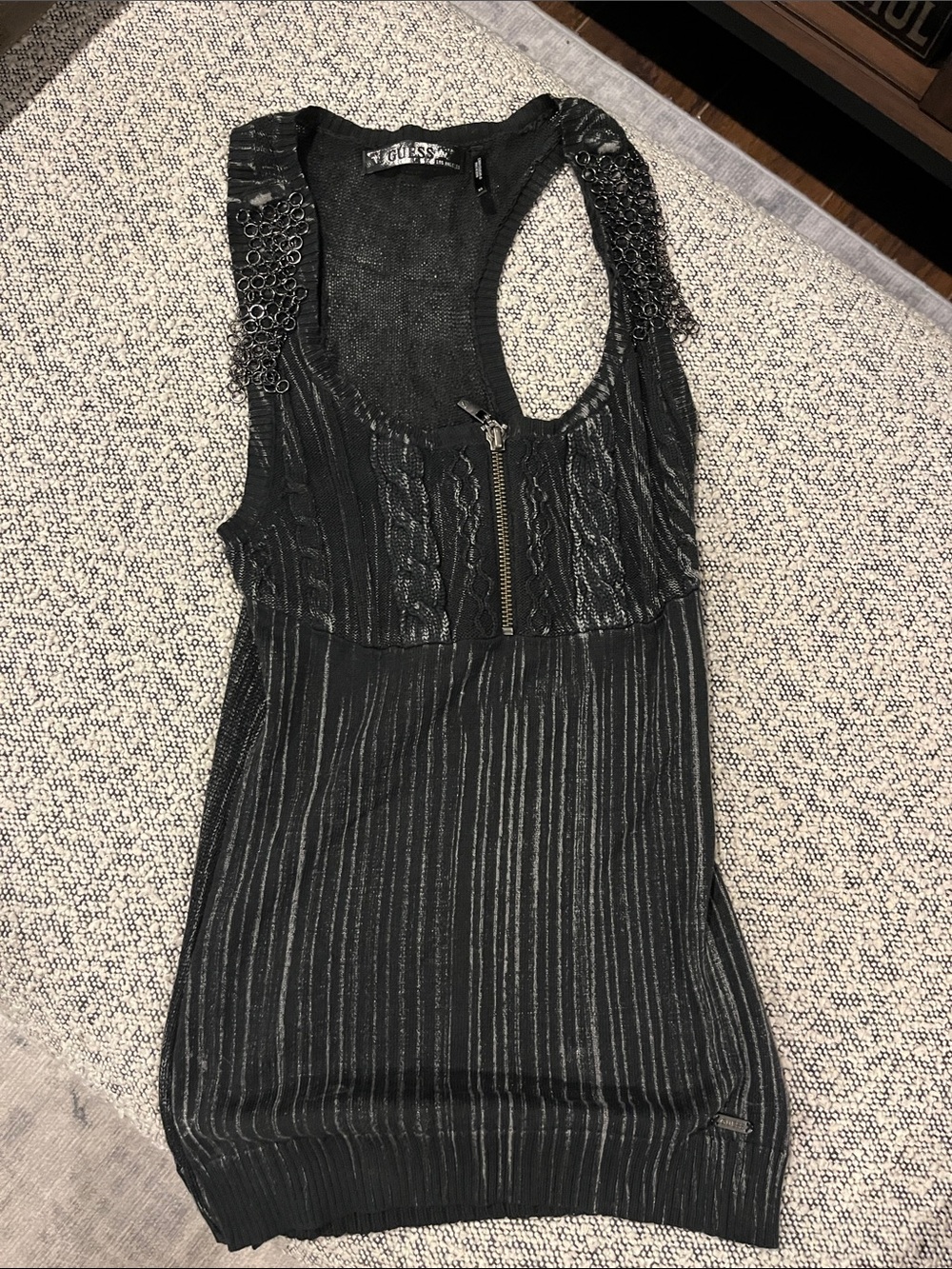 Guess Black Ribbed Tank Top with Chain-Embellished Shoulders and Front Zip